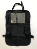 Car seat back storage pouch with 9 storage bags and transparent iPad pocket in black mounted on a car seat