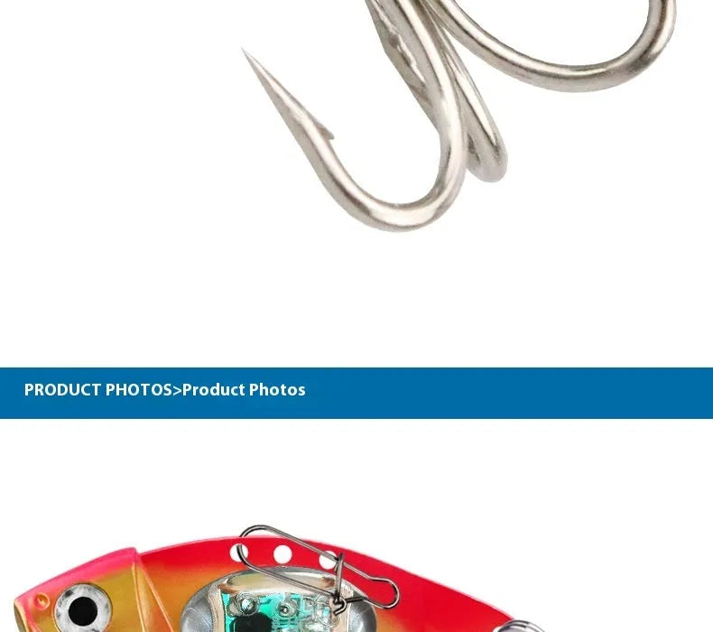 Electronic fishing lure with luminous metal vib body in blue and red colour options