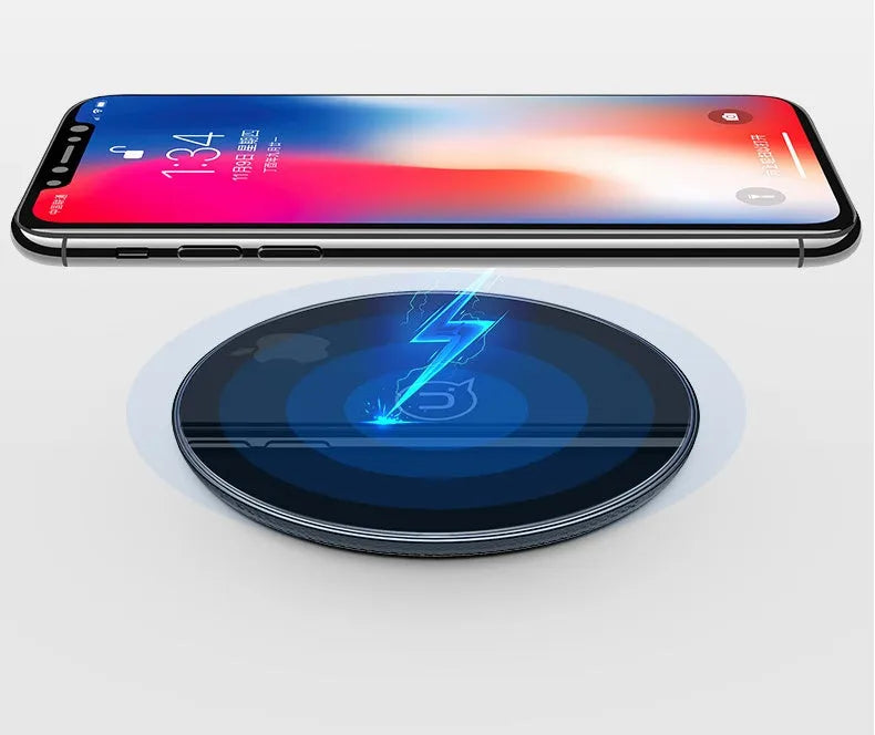 Glass disc wireless charger showing black and white colour options with charging indicator