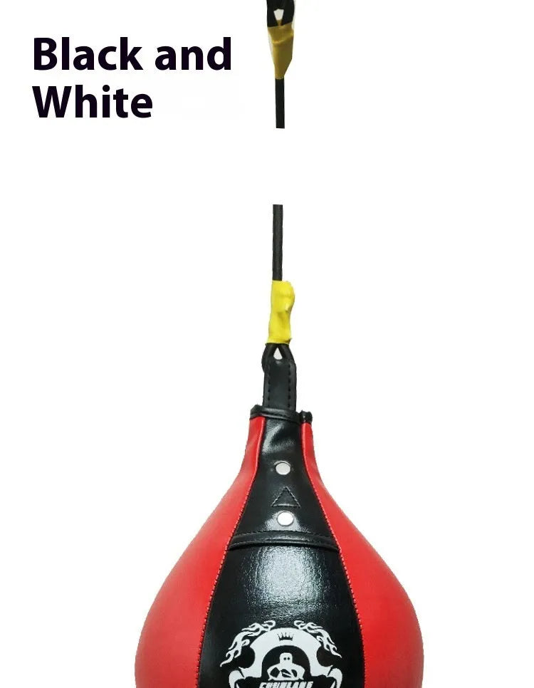 Diamond pattern boxing speed ball hanging from elastic cord in black and red colour option