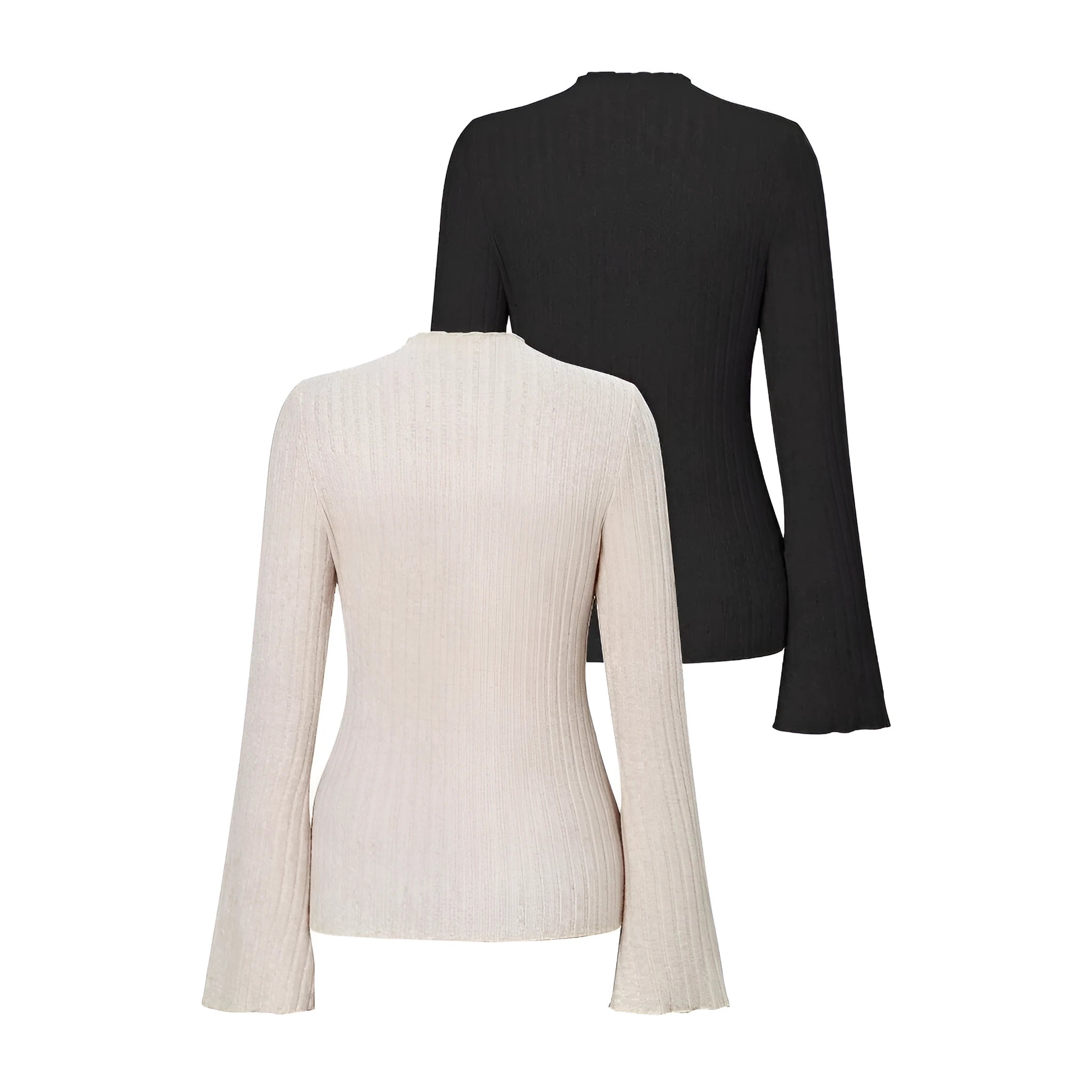 Women's black long sleeve slim fit top with lantern sleeves and round neck