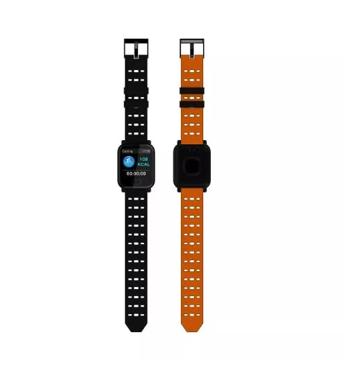 A6 smart bracelet with colour screen and silicone strap shown in black, blue, and orange colour options.