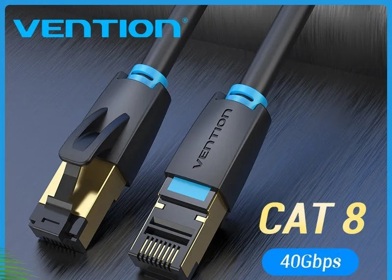 CAT8 shielded network cable with RJ45 connectors in flat and round styles for 10G high-speed home gaming