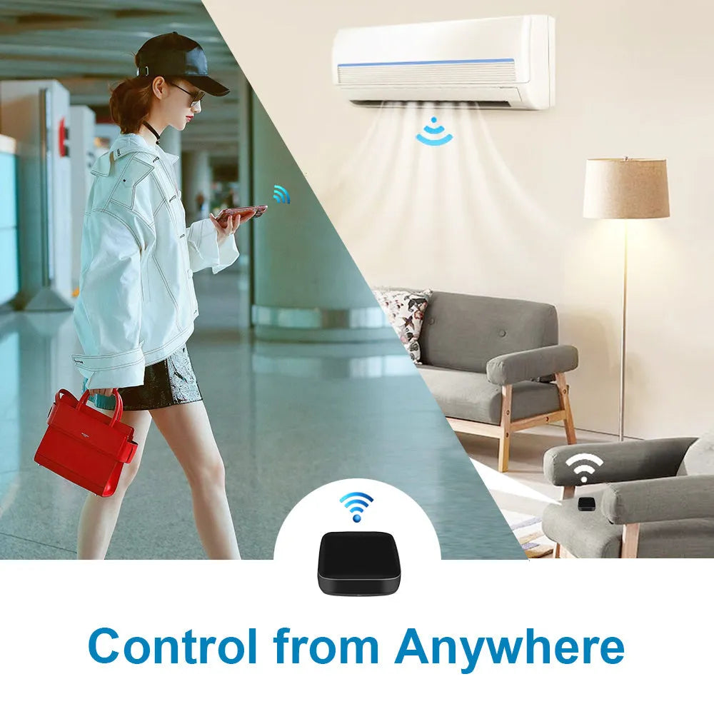 Black universal infrared remote control with voice command, WiFi connectivity, and temperature humidity sensors.