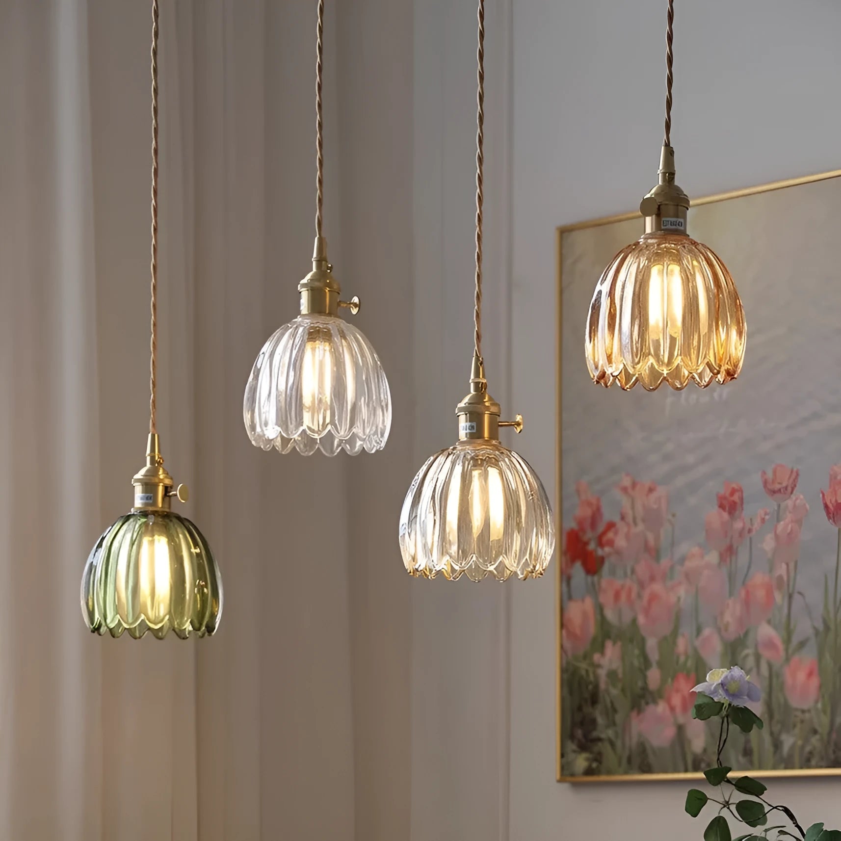 Vintage glass flower chandelier with Nordic design in amber, white, green, transparent, or smoky grey