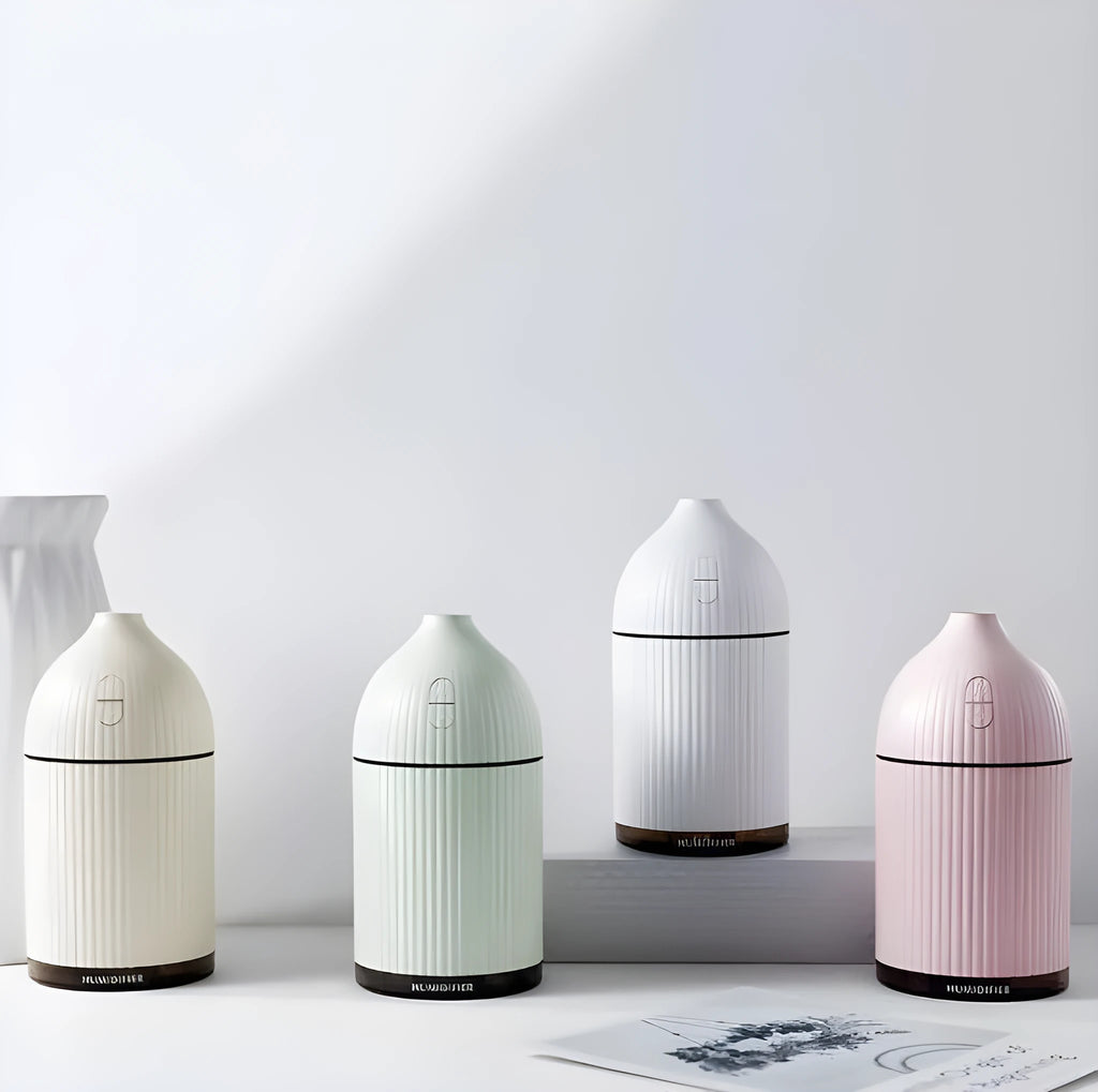 White 300ml USB aromatherapy diffuser with LED light on desk