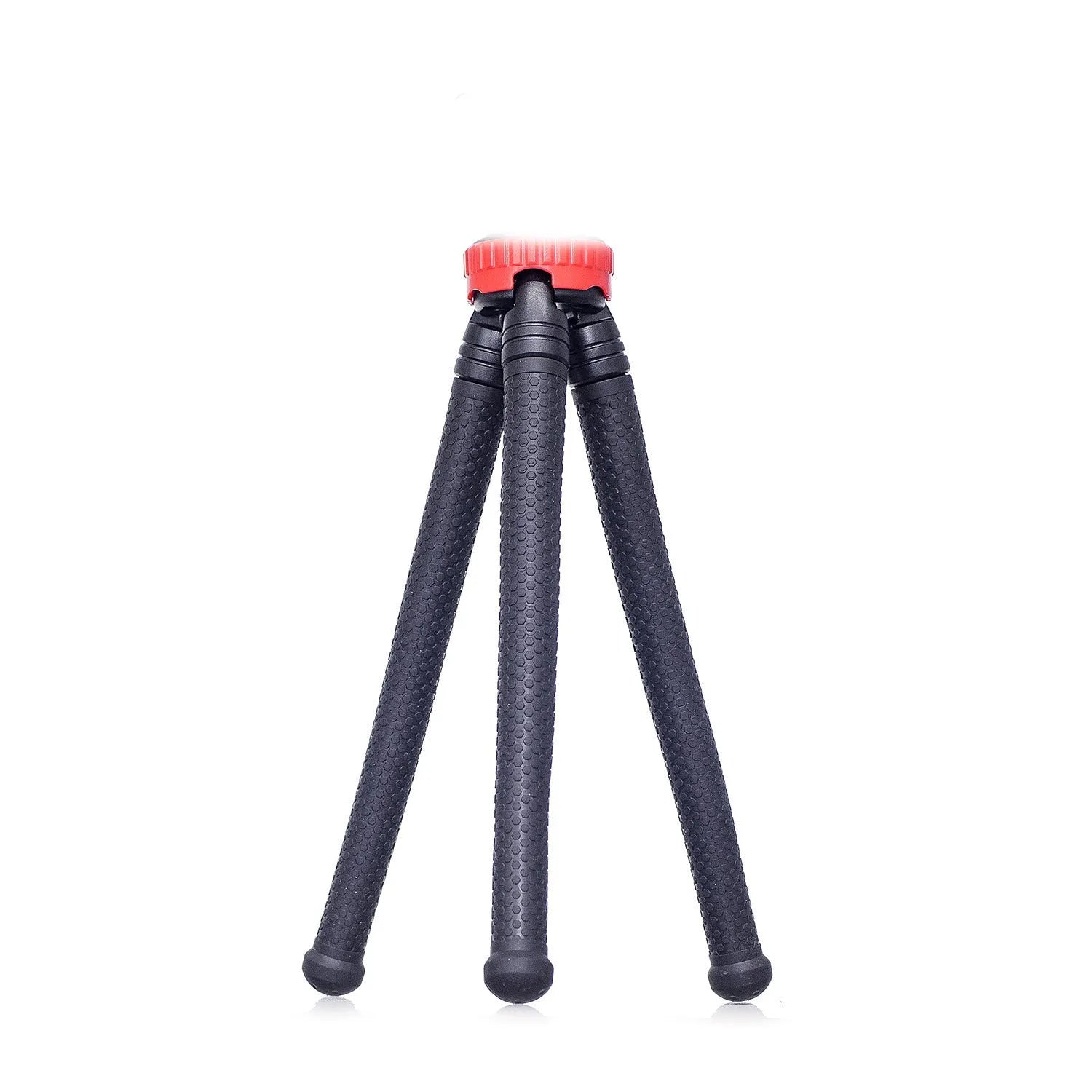 Black octopus tripod with flexible rubber legs and spherical gimbal for cameras and phones