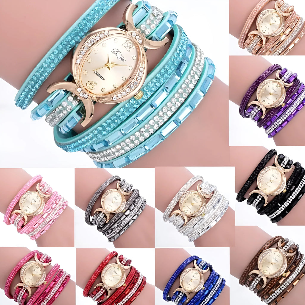 Women's casual rhinestone watch with round stainless steel case, leather band, and 25mm dial