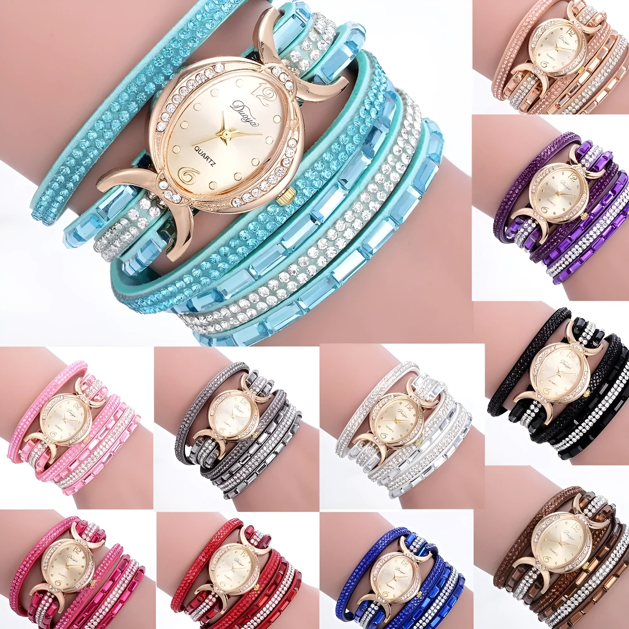 Women's casual rhinestone watch with round stainless steel case, leather band, and 25mm dial