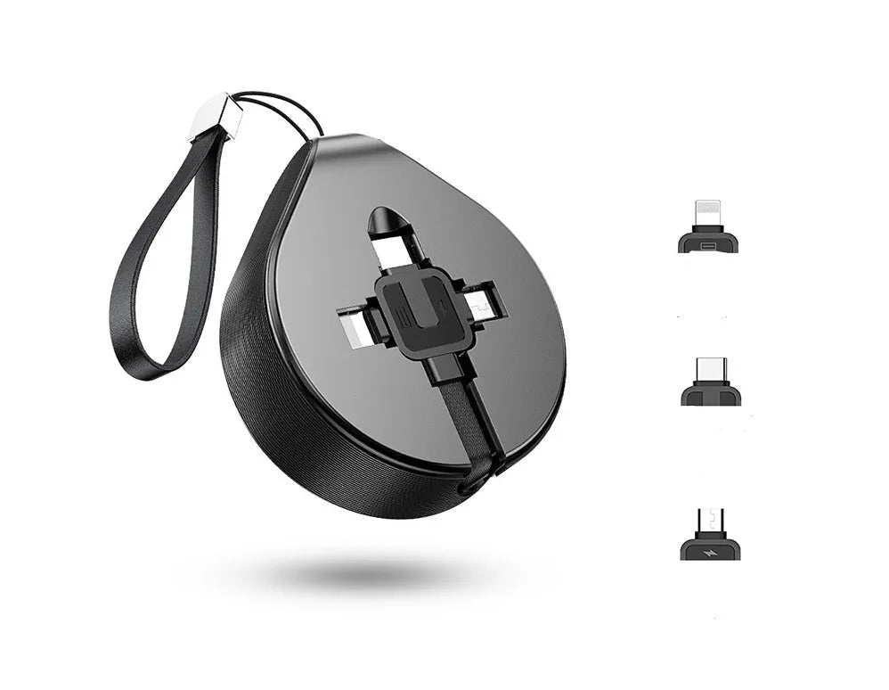 Telescopic three-in-one fast charging data cable extended to show iPhone, Android, and USB-C connectors