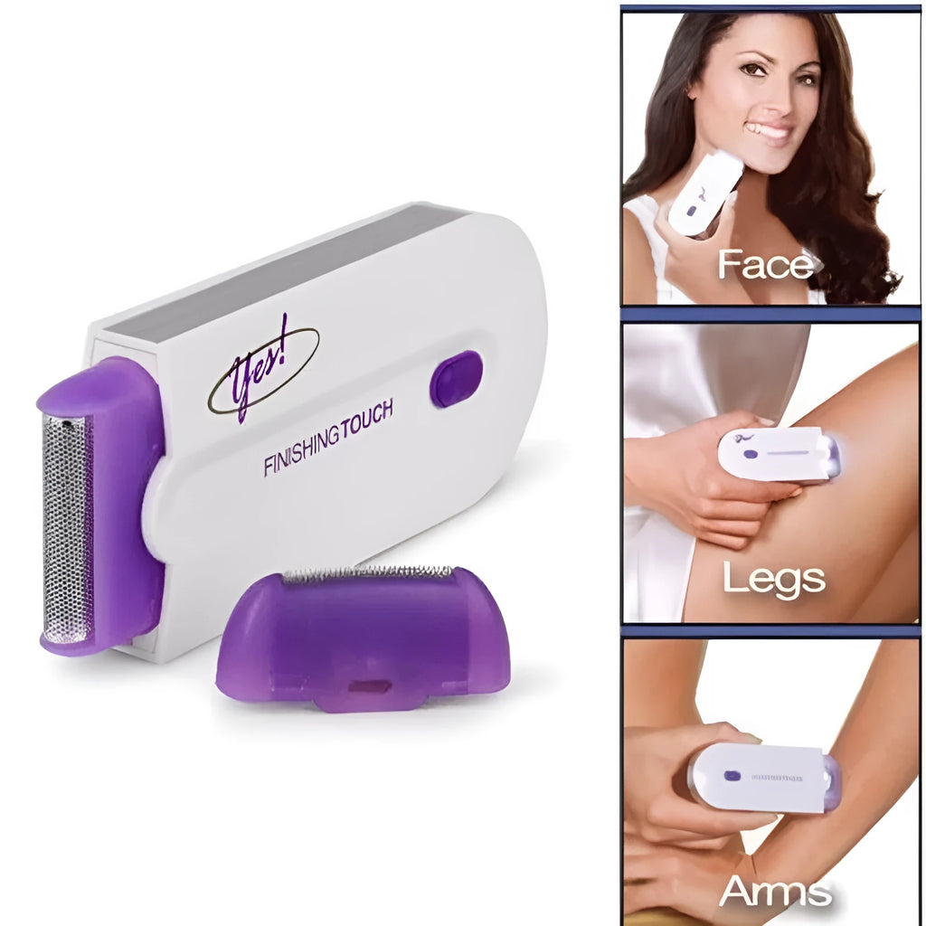 White rechargeable electric hair removal instrument with foil head and cleaning brush on a table.
