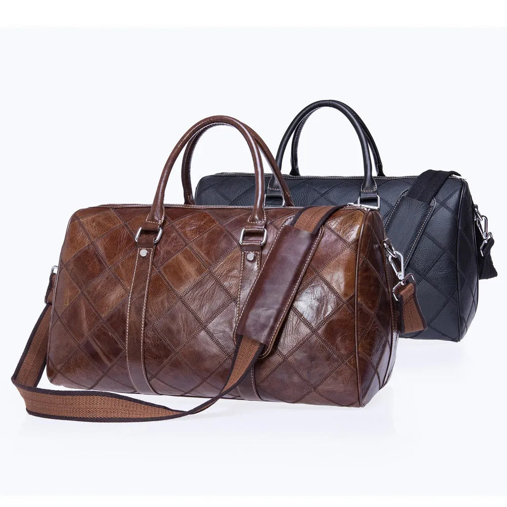 Vintage brown leather men's duffel bag with a single shoulder strap, shown open to reveal internal phone and ID pockets.