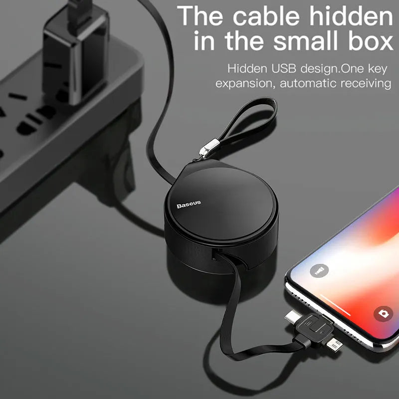 Telescopic three-in-one fast charging data cable extended to show iPhone, Android, and USB-C connectors