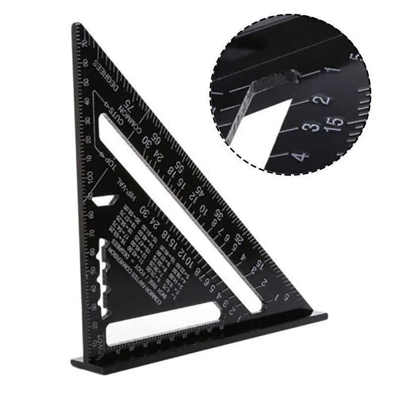 Aluminium alloy woodworking measuring square ruler in black, blue, or grey, showing 90-degree angle and 7-inch size