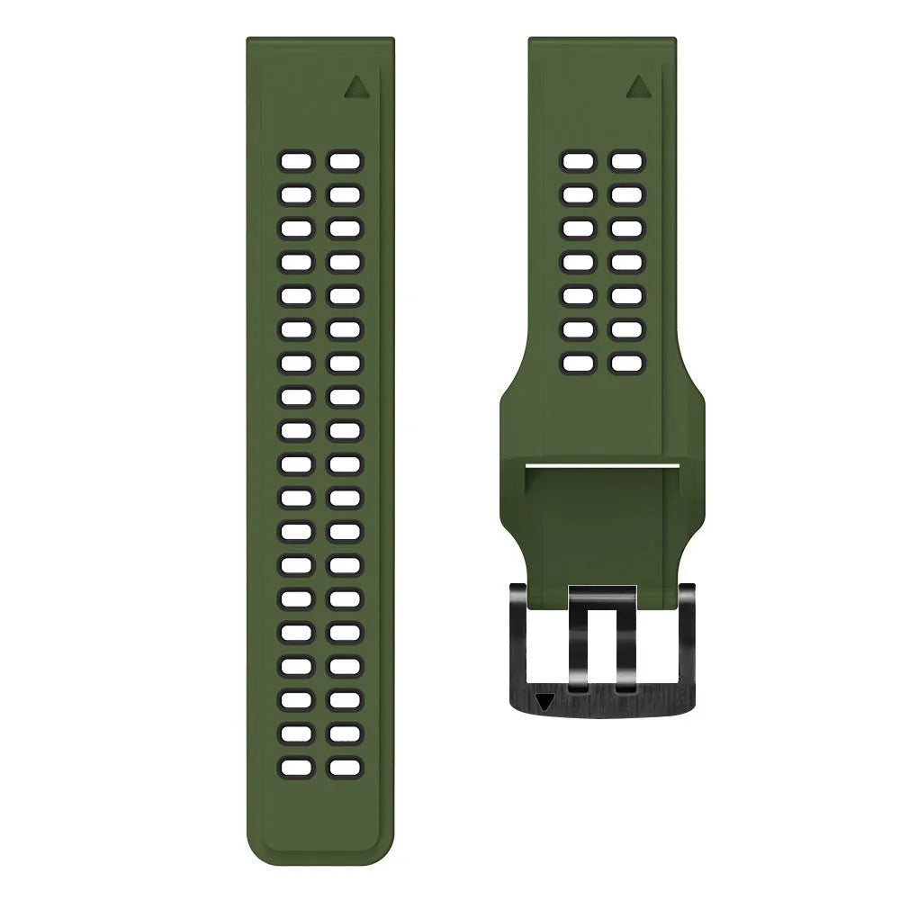 Two-tone quick release silicone watch strap showing pin buckle and colour options on grey background.