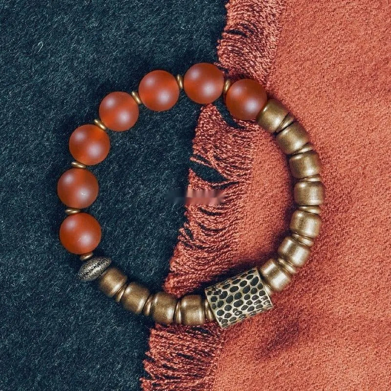 Retro ethnic style couples bracelet made with natural green and red agate beads.