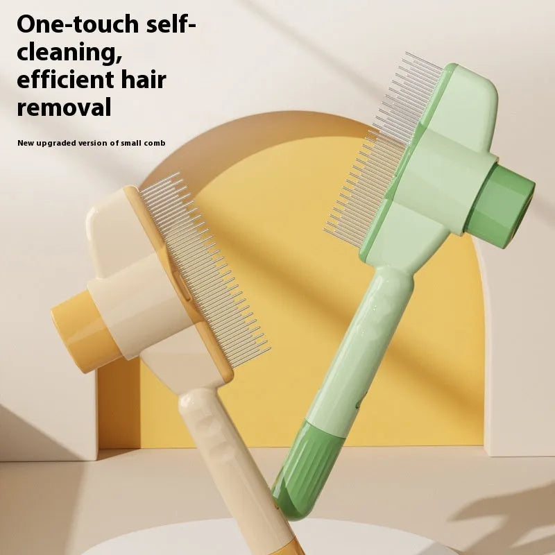 Yellow and green self-cleaning pet comb for dogs and cats with a release button and stainless steel teeth.