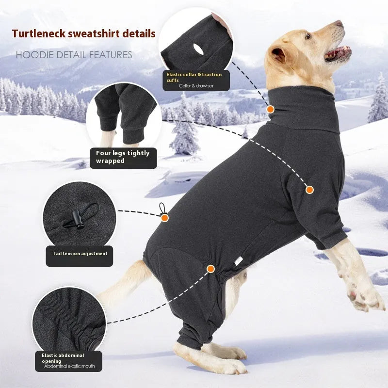 Dark grey polar fleece dog coat with high collar on a dog, showing four-legged design.
