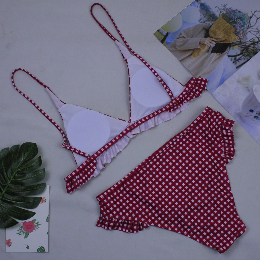 Red and green plaid bikini two-piece swimwear for women with chest pad, size S M L XL