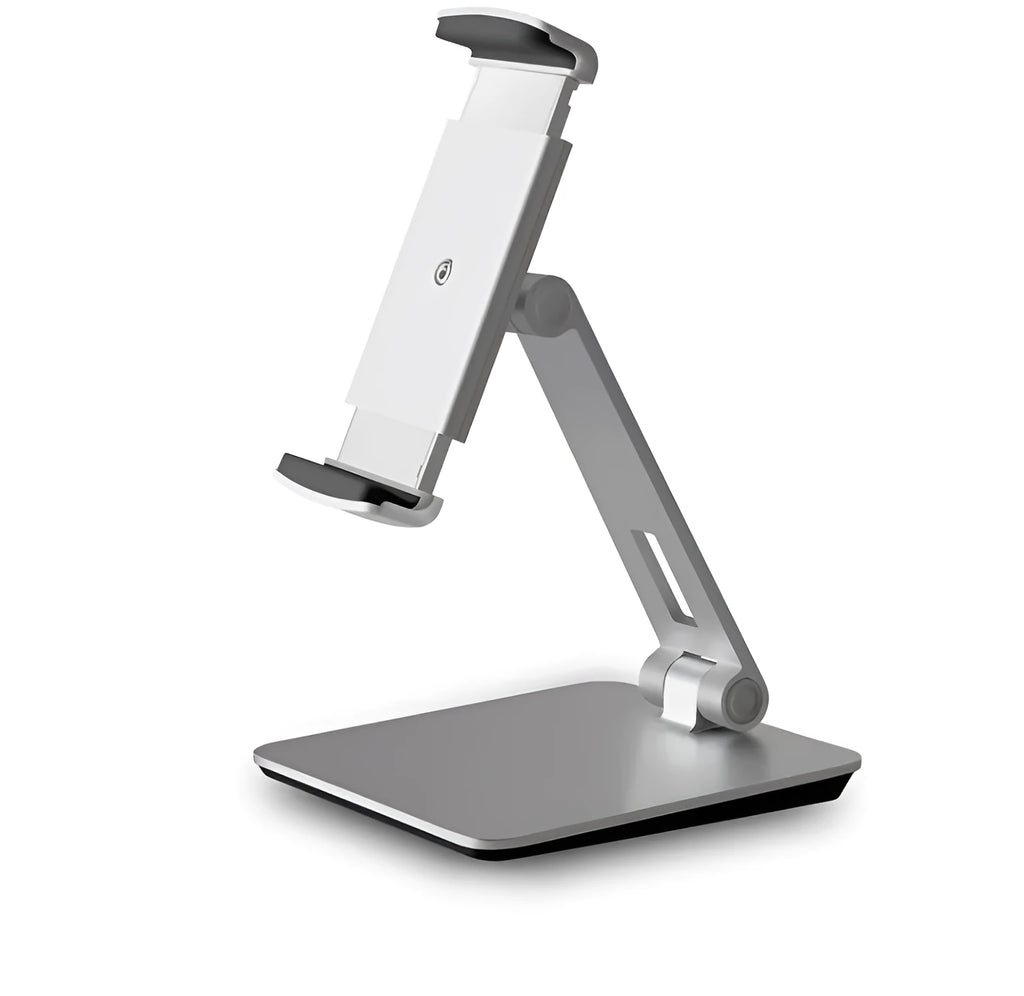 Folding aluminium phone and tablet stand with black silicone pads, shown holding a tablet at an angle.