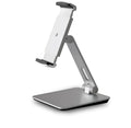 Folding aluminium phone and tablet stand with black silicone pads, shown holding a tablet at an angle.