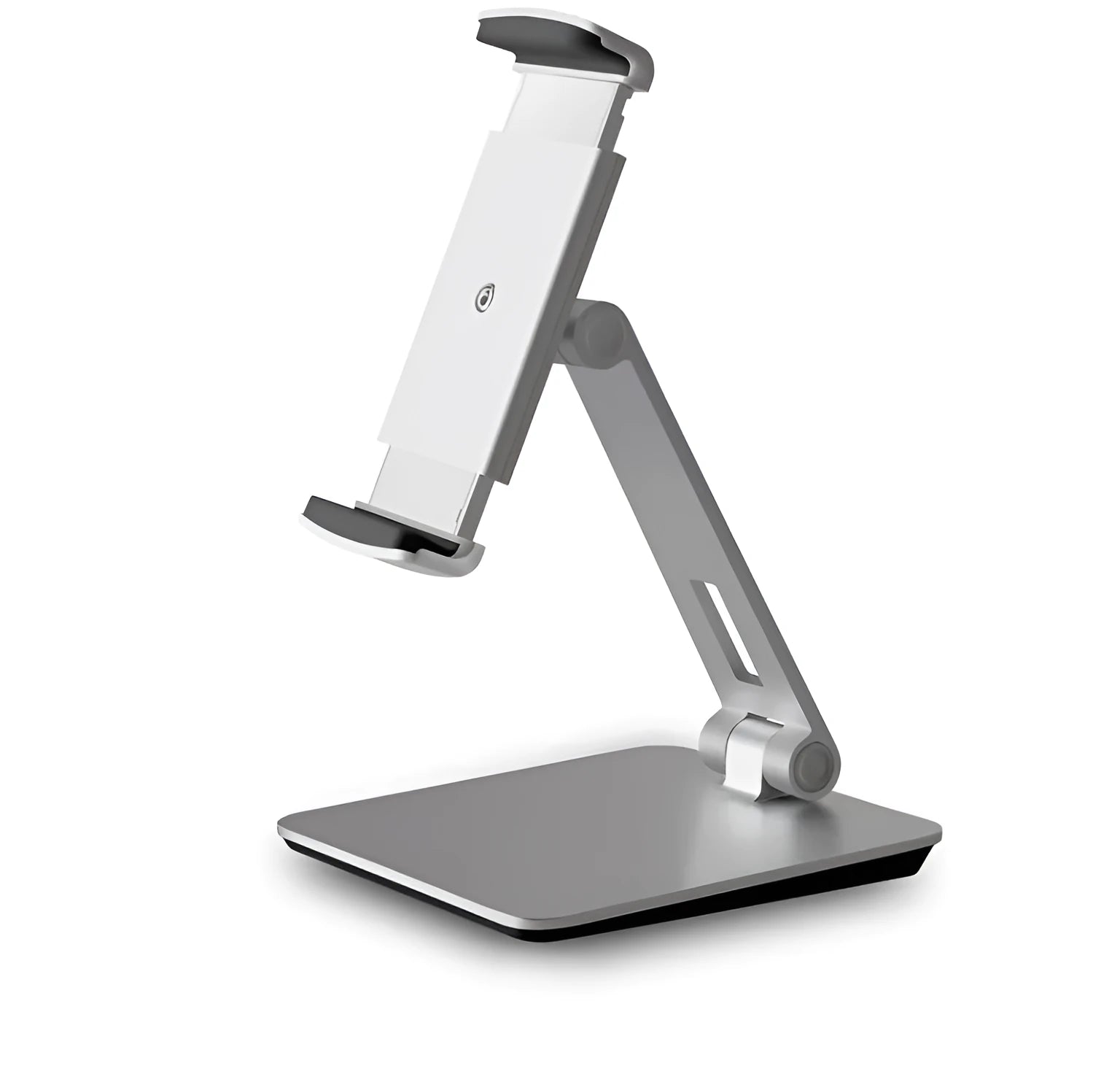 Folding aluminium phone and tablet stand with black silicone pads, shown holding a tablet at an angle.
