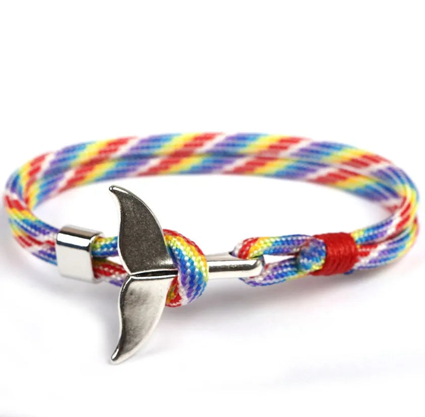 Handmade alloy couple bracelet with whale tail and anchor umbrella rope design in black, 21cm length
