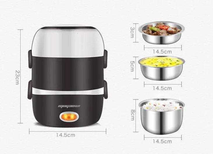 White rice cooker with stainless steel steaming basket, 2 litre capacity, 200w power rating