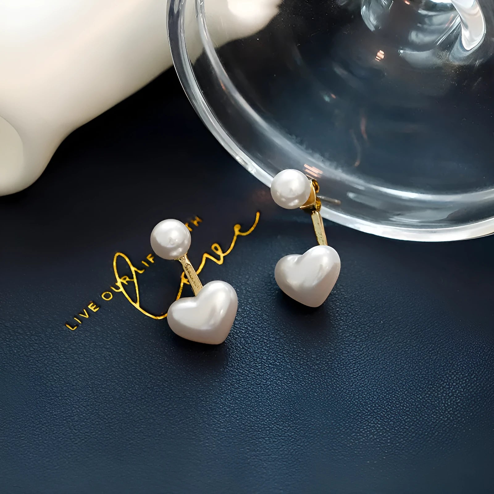 Heart-shaped pearl stud earrings with Korean design, alloy construction, electroplated finish and artificial gem accents