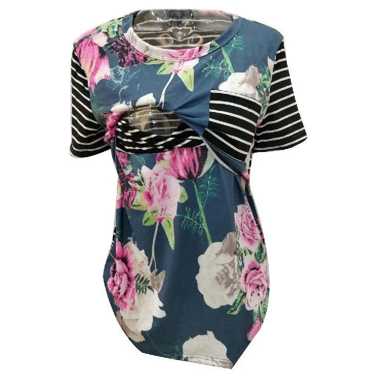 Summer breastfeeding top for pregnant women, striped short sleeve maternity nursing t-shirt in slim fit, round collar, green colour