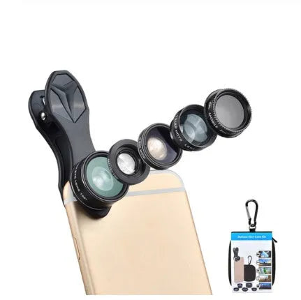 Black universal 5-in-1 clip-on smartphone lens kit showing wide angle, macro, fisheye, telephoto, and CPL lenses with storage bag.