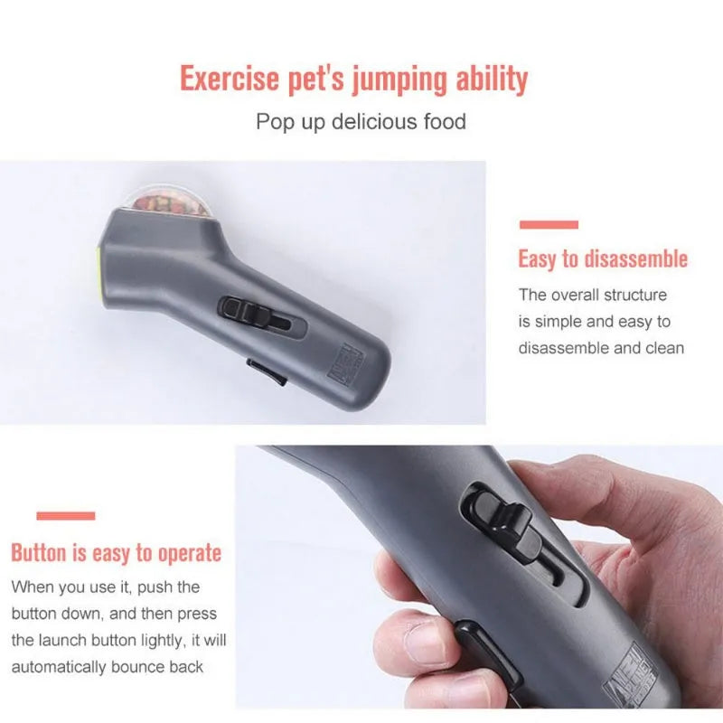 Grey dog training snack launcher catapult showing spring trigger mechanism and compact 18cm design