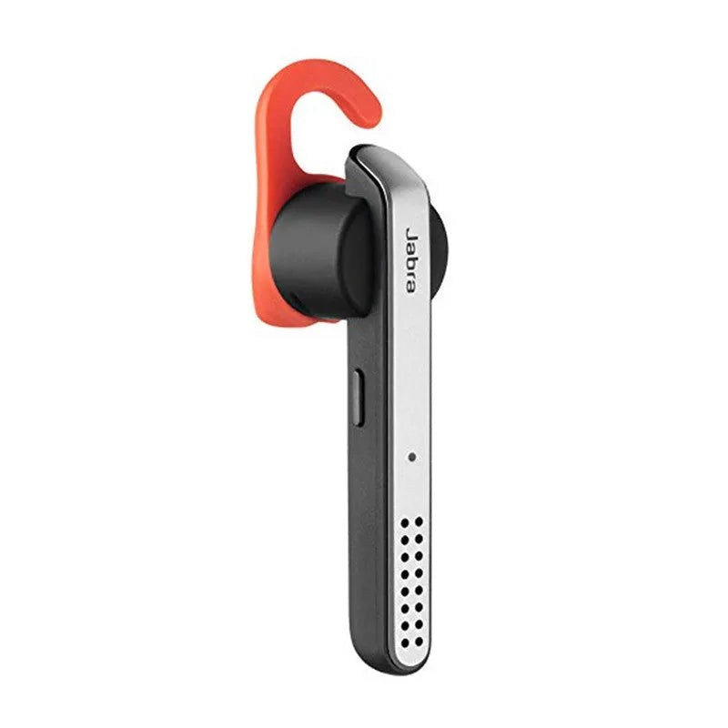 Black and silvery behind-the-ear Bluetooth earphones with dual phone connectivity