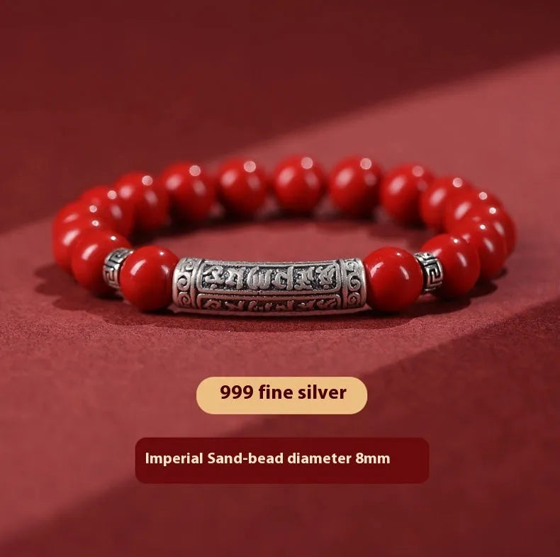 Cinnabar good luck bracelet with purple gold sandstone beads in traditional national style design