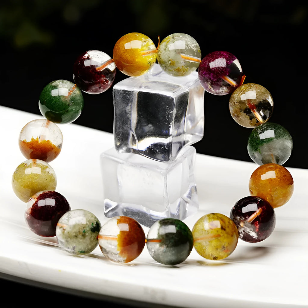Colourful crystal bracelet with 10mm ball beads showing ghost cornucopia design in ethnic style
