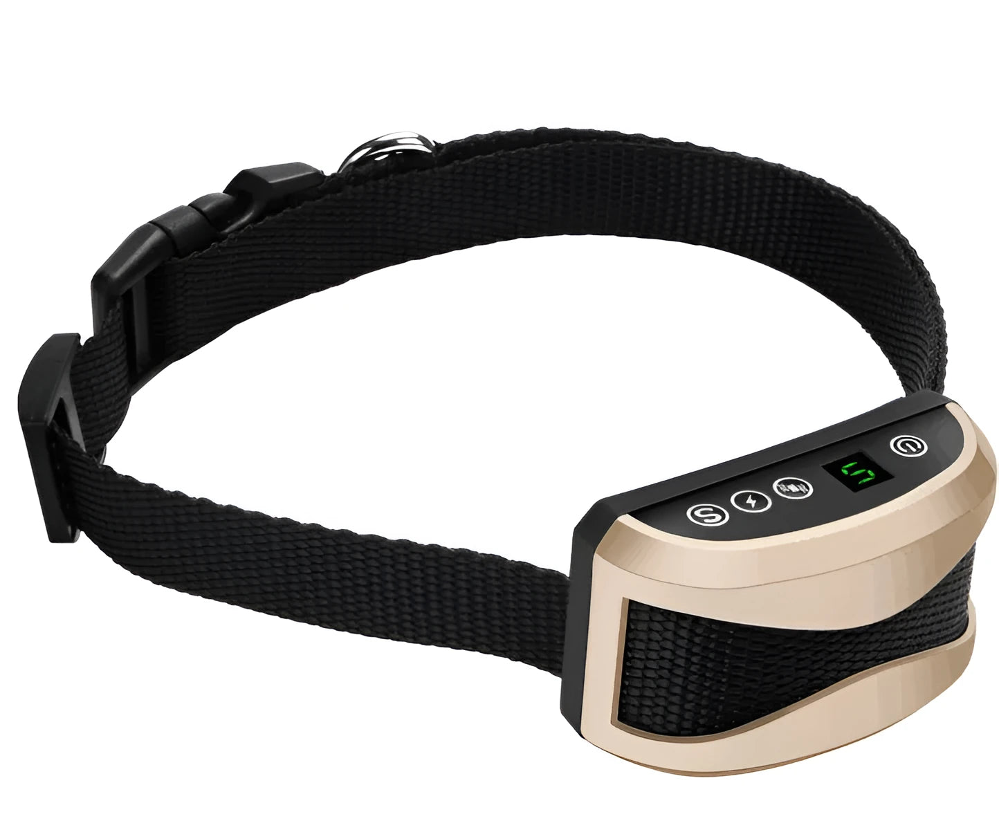 Black electronic dog bark collar with digital display and adjustable reflective strap.