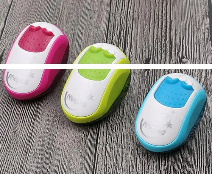 A single hole manual pencil sharpener with a double aperture design for different pencil thicknesses.