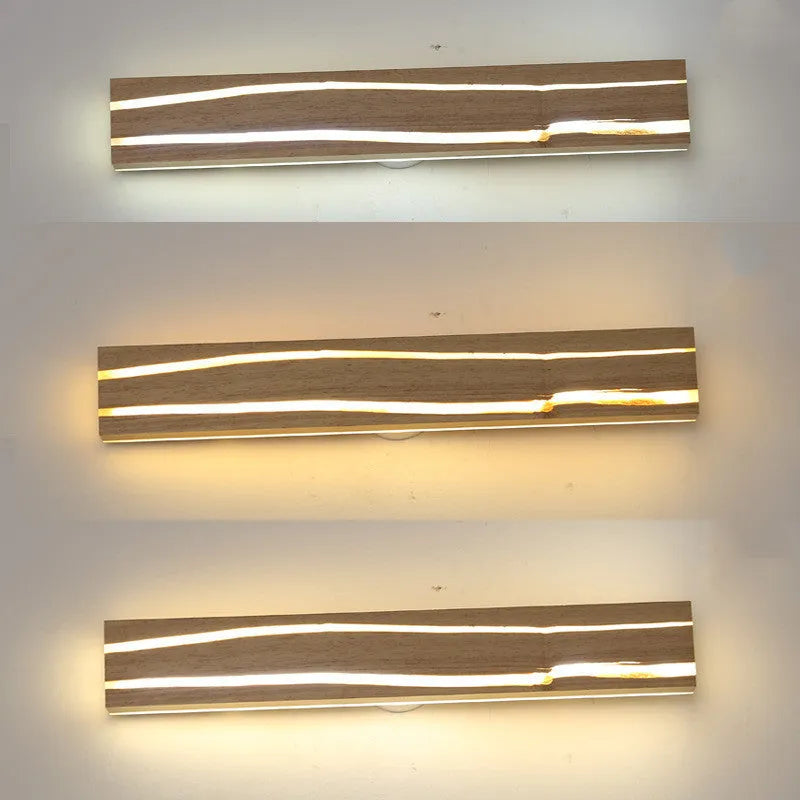 Solid wood rubberwood LED wall light in log colour with acrylic diffuser