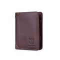 Men's square casual leather wallet in brown showing card slots and a secret compartment.