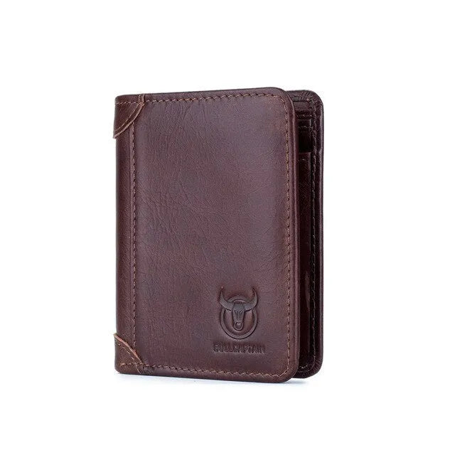 Men's square casual leather wallet in brown showing card slots and a secret compartment.