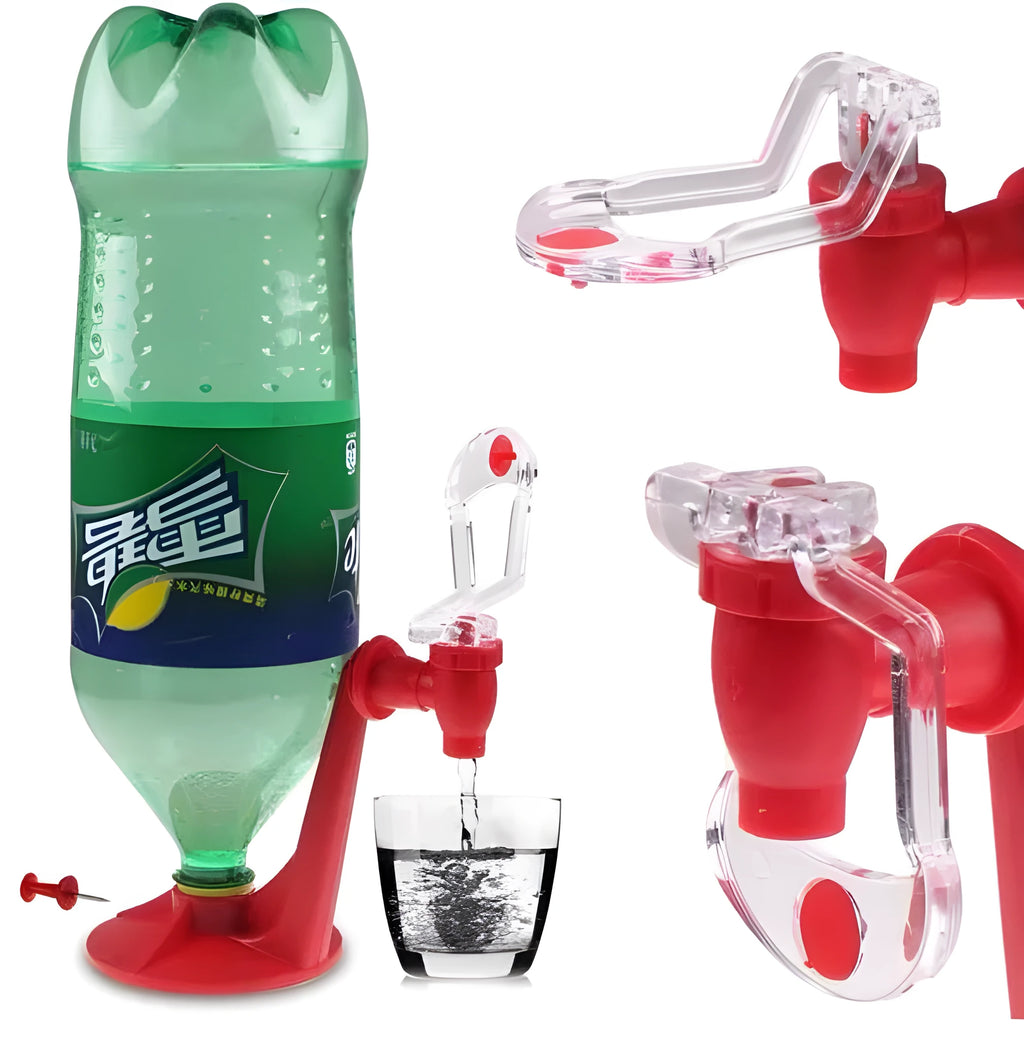 Red plastic soda dispenser attached to inverted 2-litre bottle for push-button drink serving