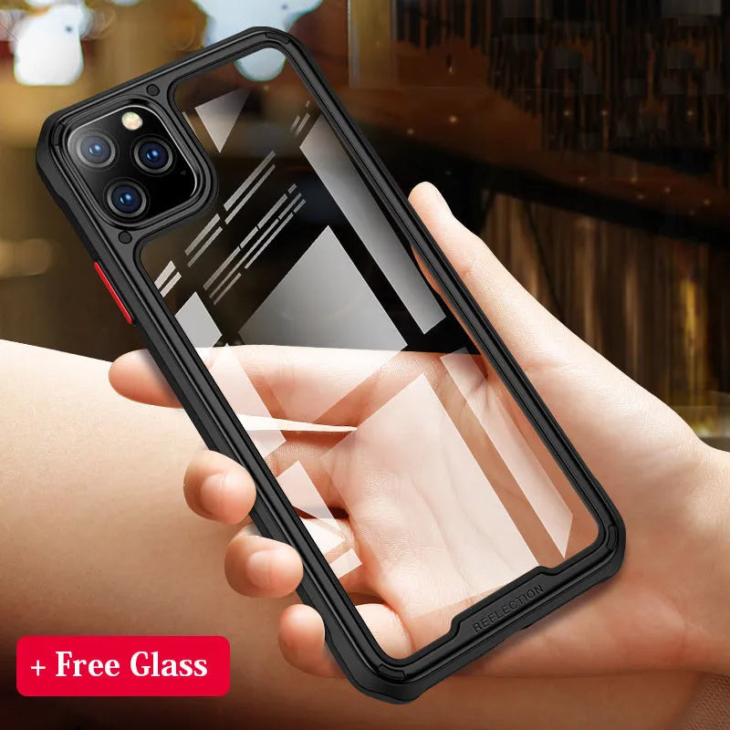 Transparent silicone phone case for iPhone 11 in various colours on a table.