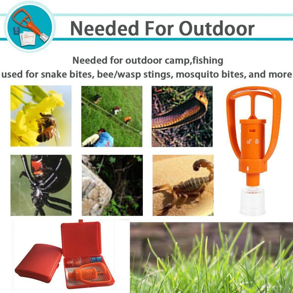 Orange portable venom extractor suction device first aid kit with pump, two suction cups, and accessories.