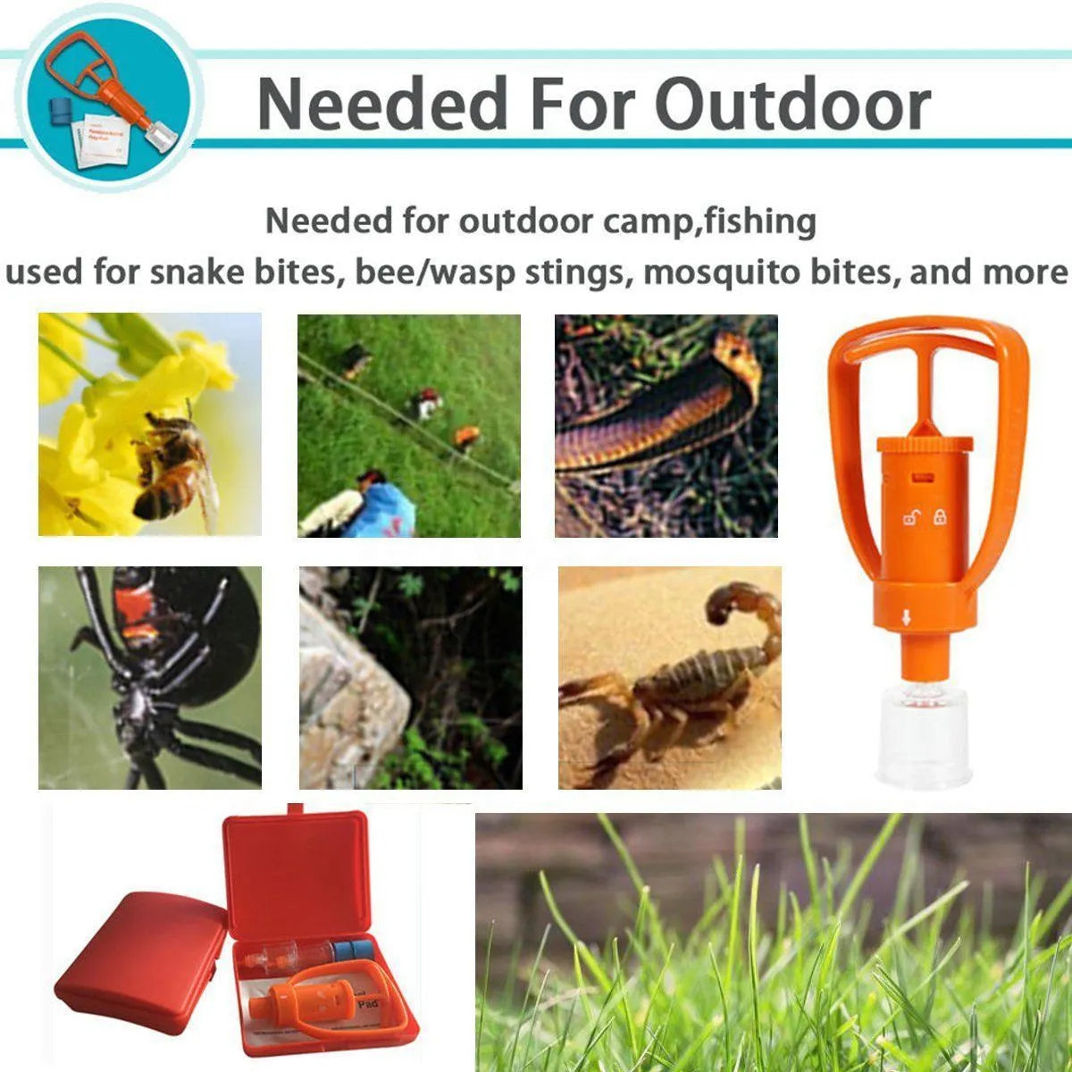 Orange portable venom extractor suction device first aid kit with pump, two suction cups, and accessories.