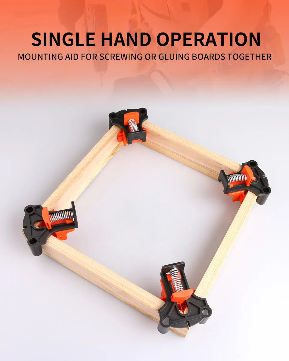 Four plastic 90 degree right angle woodworking clips for frame corner alignment