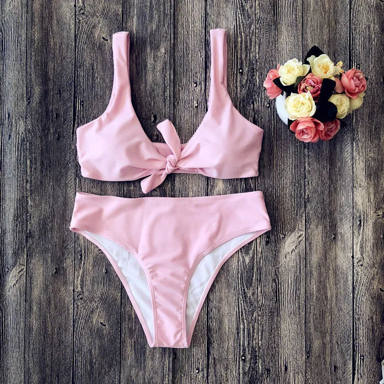 Pure colour polyester bikini set with sleeveless design in European and American style