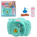 Yellow, green, red, and pink camera-shaped automatic bubble blowing toy for children on a white background.