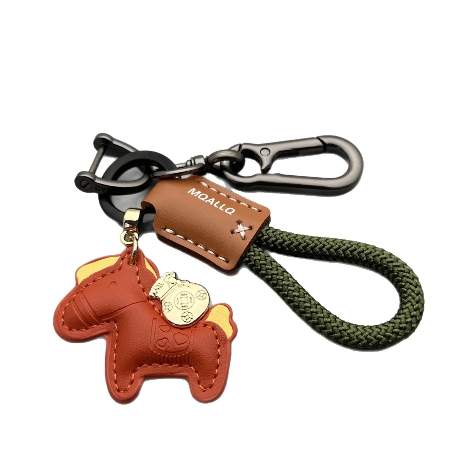 Handmade brown cowhide leather key ring pendant with a gold-toned zinc alloy pony belt buckle and green flanelle rope.
