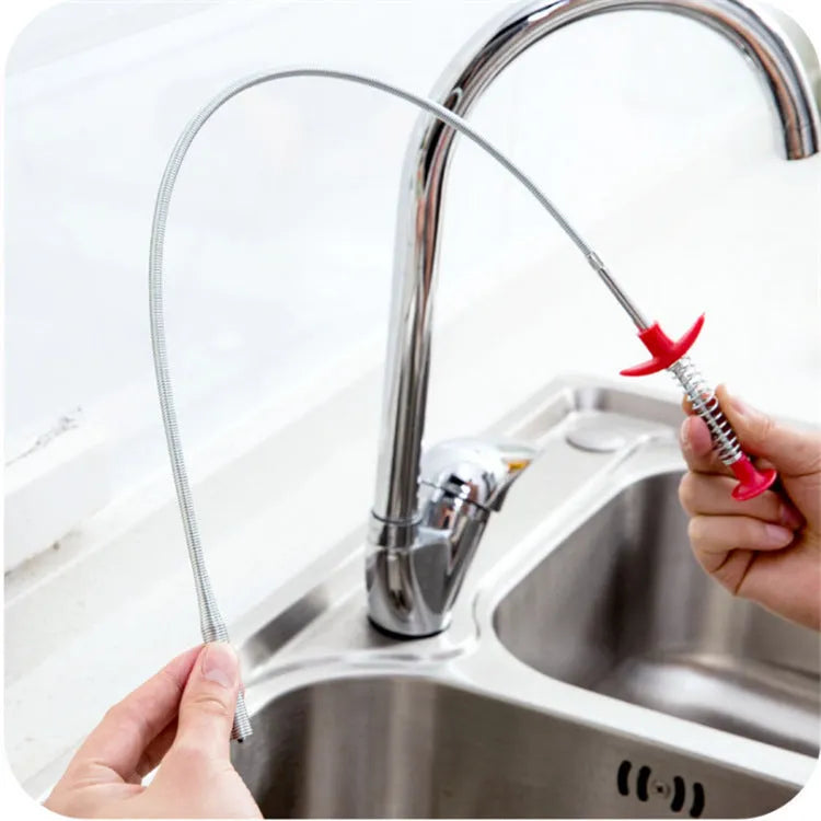 Black sewer dredger spring drain cleaning tool with handle and coiled end for pipe unclogging.