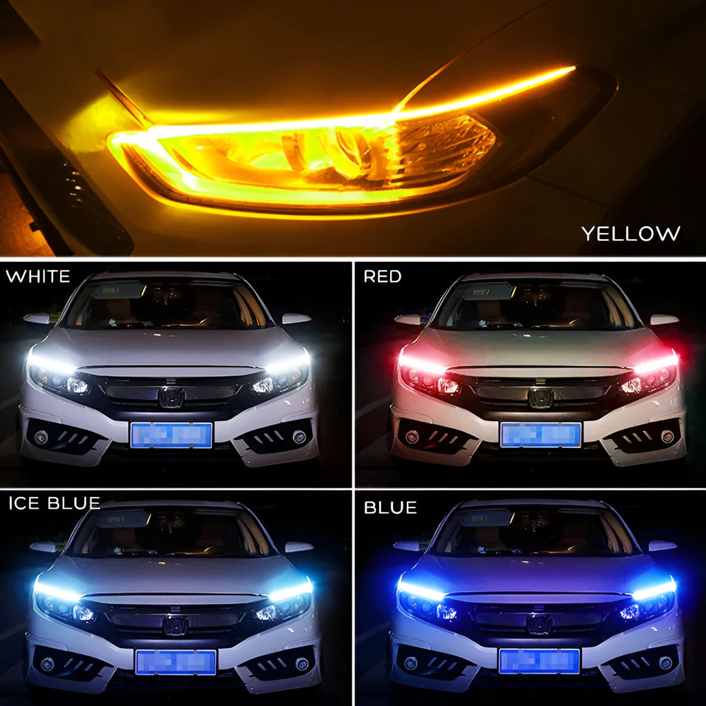 Flexible silicone car LED strip for daytime running lights and flowing turn signals in multiple colours.